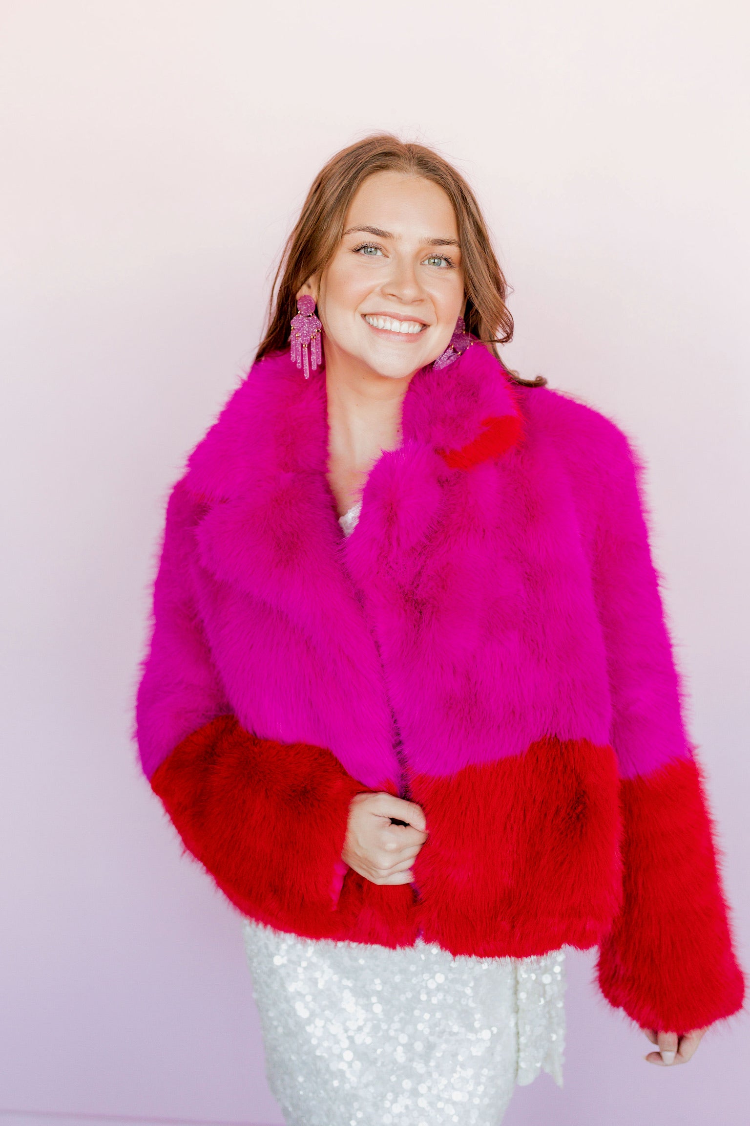 JAYLEY - Pink and Red Bamboo Faux Fur Cropped Jacket