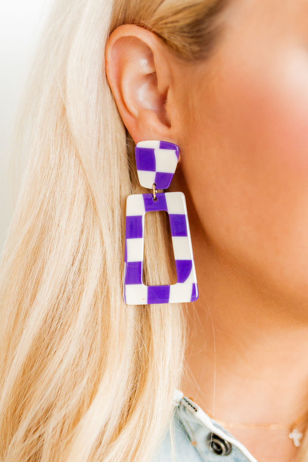 Kennedy Statement Earrings - Purple Checkered