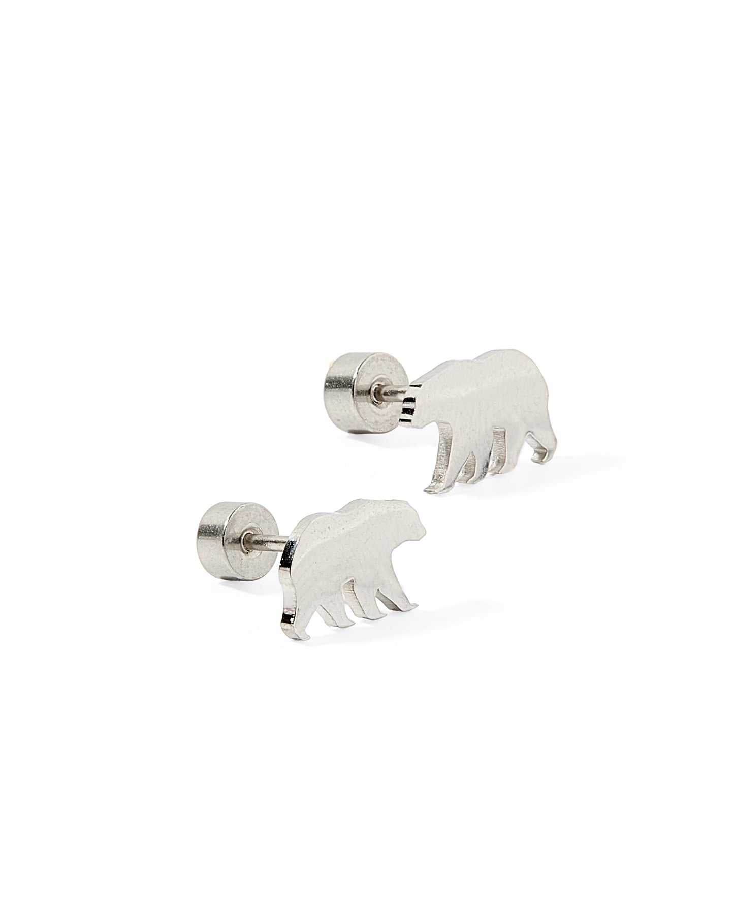 Screwback Stud Earrings - Grizzly Bear - Silver