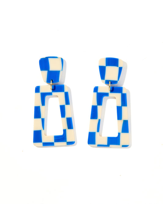 Kennedy Statement Earrings - Blue Checkered