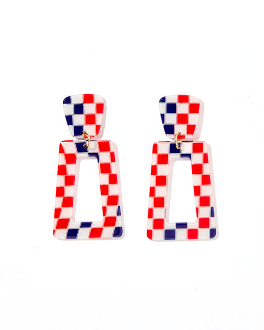 Kennedy Statement Earrings - Blue and Red Checkered