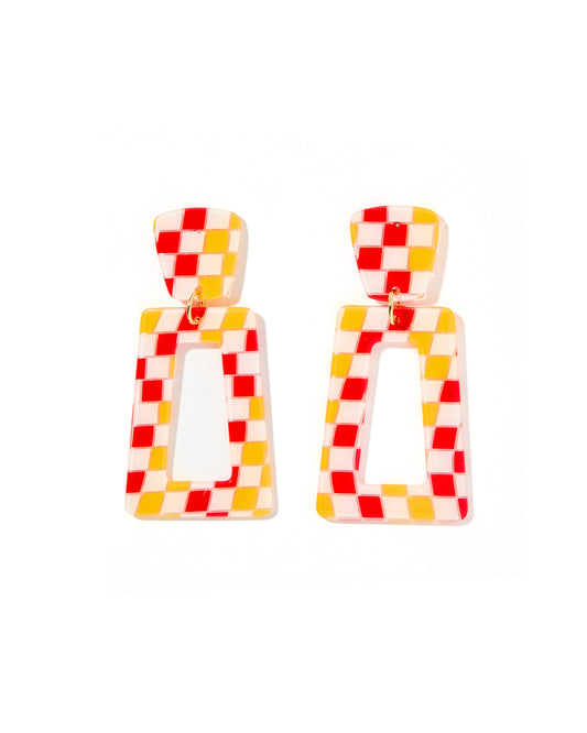 Kennedy Statement Earrings - Red and Gold Checkered